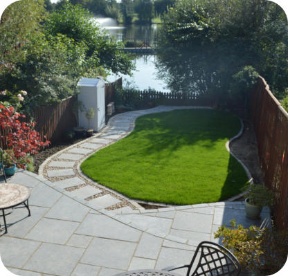 limestone patio and lawn back garden 